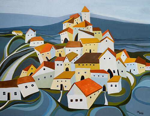 Colorful Hillside Village Art Print by Aniko Hencz