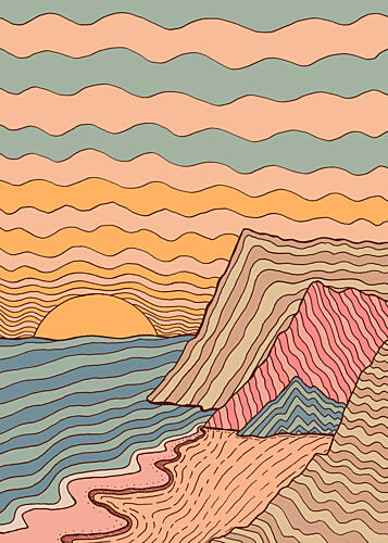 Wavy Coastal Sunset Océan reproduction