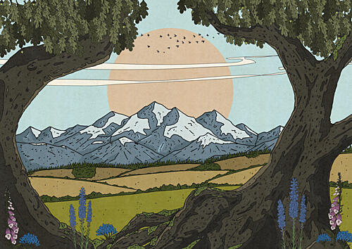 Framed Mountain Valley Sunset Art Print