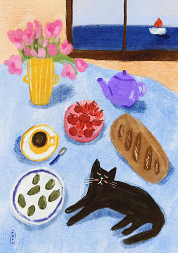 Relaxing Seaside Cat Breakfast Café reproduction