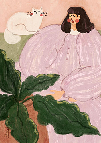 Cozy Woman with Cat Art Print by Dirkie Nell