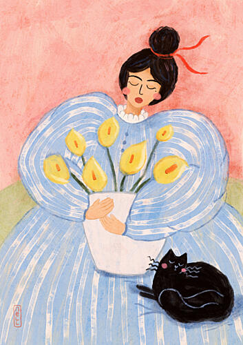 Woman with Flowers and Cat Art Print by Dirkie Nell