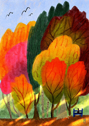 Cat on a Park Bench and Summer Trees Art Print by Dirkie Nell