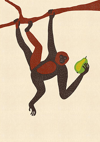 Hanging Monkey Holding Pear Animaux reproduction