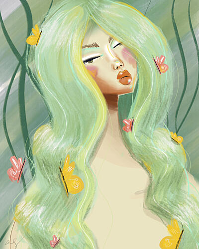 Serene Green Hair Butterflies Mode reproduction