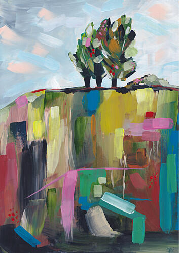 Vibrant Hillside Trees Art Print by Dirkie Nell