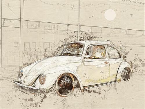 Moonlit Classic Car Sketch Art Print by Lembayung Senja Studio Vintage Poster