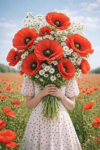 Woman Holding Poppies Surréaliste reproduction