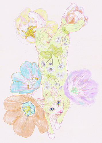 Pastel Cat and Tulips Aquarelle reproduction