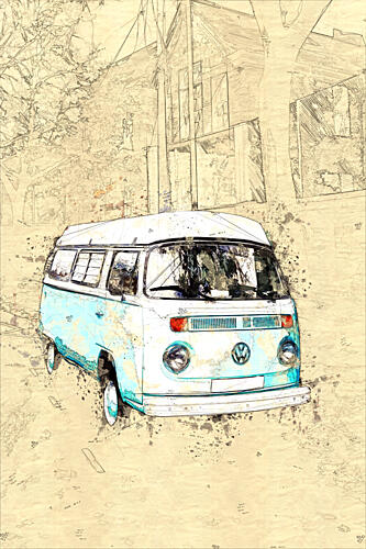 Vintage Camper van Sketch Voyage reproduction