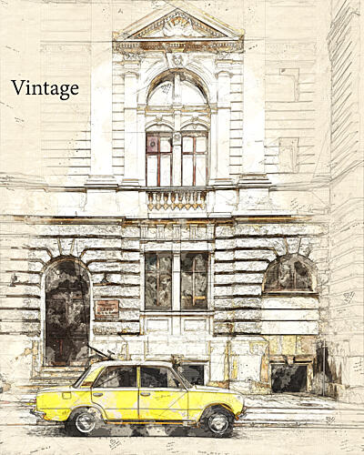 Vintage Yellow Car Sketch Art Print
