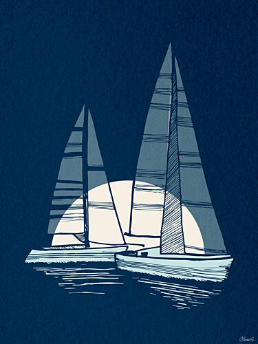 Blue Sailboats Moonlight Art Print by Claudia Spano
