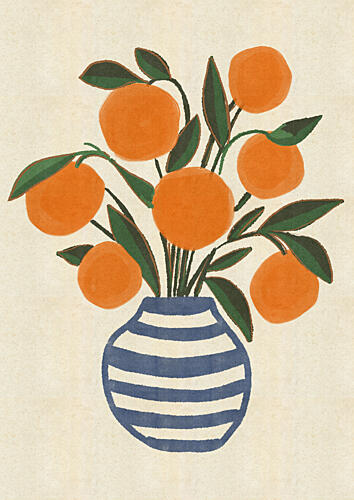 Oranges in Striped Vase Aquarelle reproduction