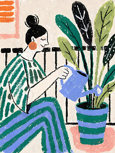 Woman Watering Houseplant Botanique reproduction