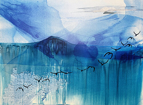 Serene Blue Seascape Birds Montagne reproduction