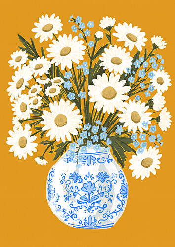 Sunny Daisies Blue Vase Art Print
