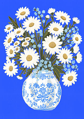 White Daisies Blue Vase Art Print