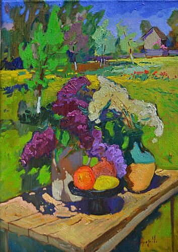 Sunny Lilacs Garden Still Life Art Print by Alexander Shandor