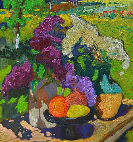 Sunlit Lilacs and Fruit Art Print by Alexander Shandor