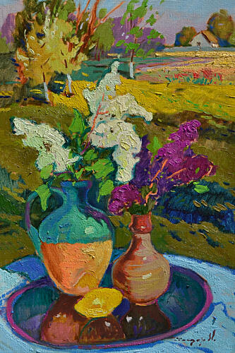 Vibrant Lilac Still Life Landscape Européen reproduction