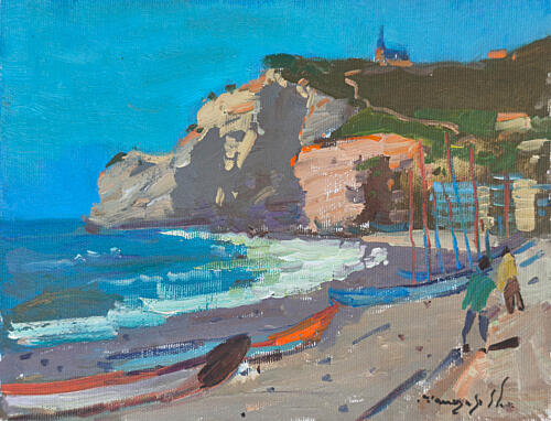 Coastal Cliffs and Boats Art Print by Alexander Shandor