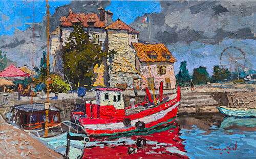 Colorful Harbor Fishing Boat Art Print by Alexander Shandor