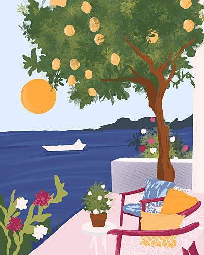Sunny Lemon Tree Patio Art Print by Kintsugi99