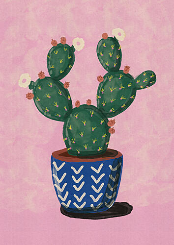 Potted Cactus Bloom Aquarelle reproduction