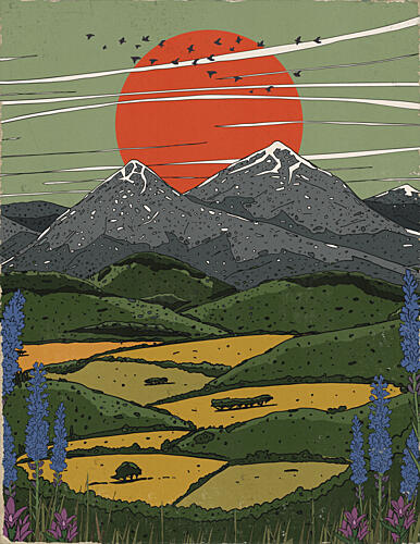 Red Sun Mountain Landscape Montagne reproduction