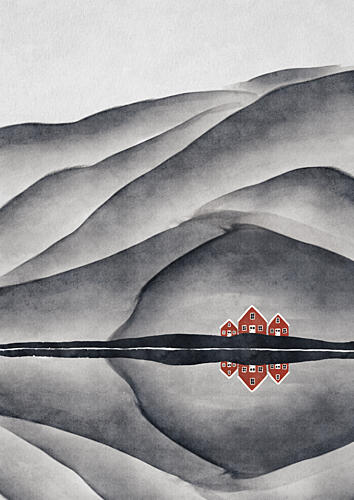 Red Houses Lake Reflection Aquarelle reproduction