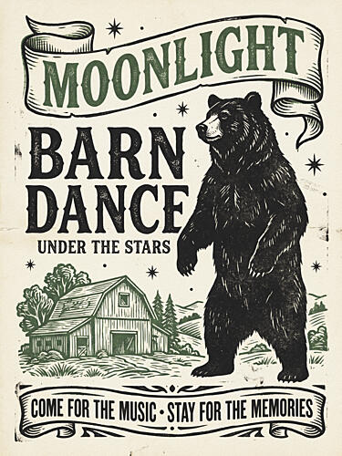 Moonlight Barn Dance Bear Art Print