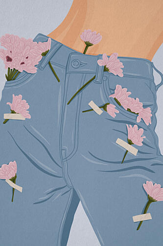 Pink Flowers on Jeans Surréaliste reproduction