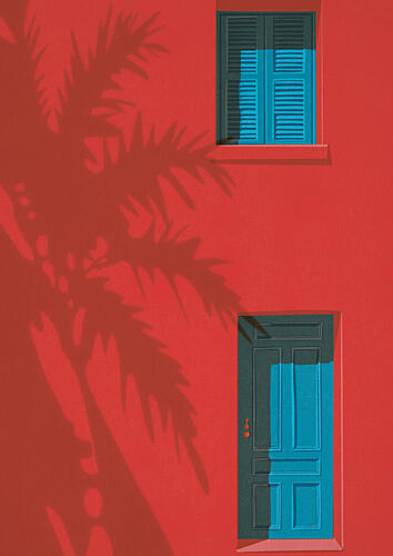 Red Wall Blue Door Tropical reproduction