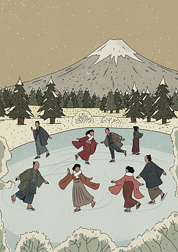 Skating Below Mount Fuji Montagne reproduction
