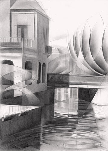 Geometric Urban Canal Surréaliste reproduction