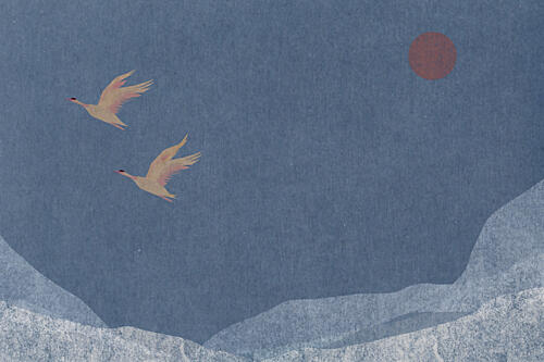 Cranes over Snowy Peaks Montagne reproduction