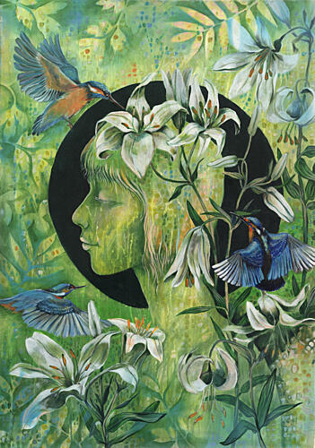 Green Moon Angel Art Print by Regina Martisiene