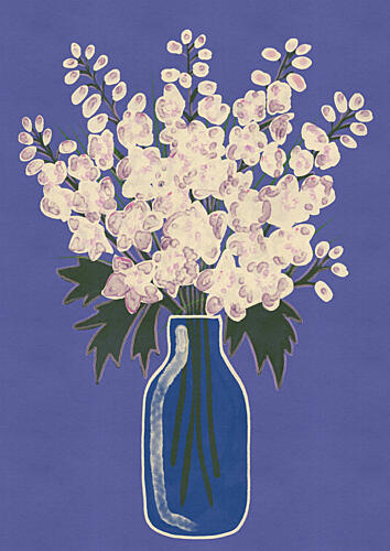 White Blooms Blue Vase Art Print