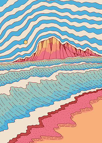 Retro Wavy Mountain Beach Montagne reproduction