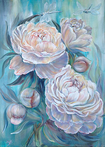 White Peonies Dragonflies Art Print by Elena Pertceva