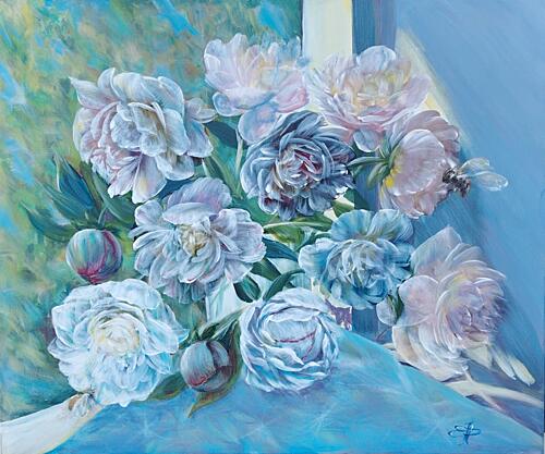 Delicate Peonies with Bee Art Print by Elena Pertceva