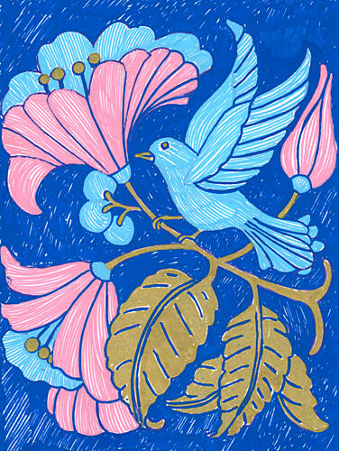 Blue Bird Pink Blooms Art nouveau reproduction