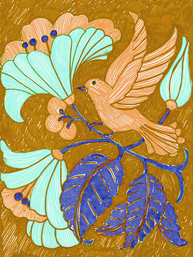Stylized Bird Floral Branch Art nouveau reproduction