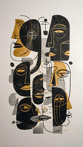 Golden Cubist Faces Cubiste reproduction
