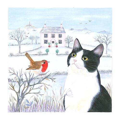 Winter Cat and Robin Aquarelle reproduction