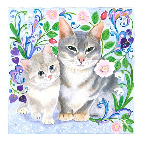 Whimsical Cats and Flowers Art Print