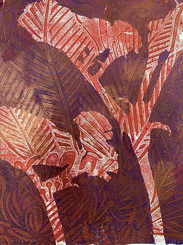 Deep Red Jungle Foliage Art Print by Berit Pihl