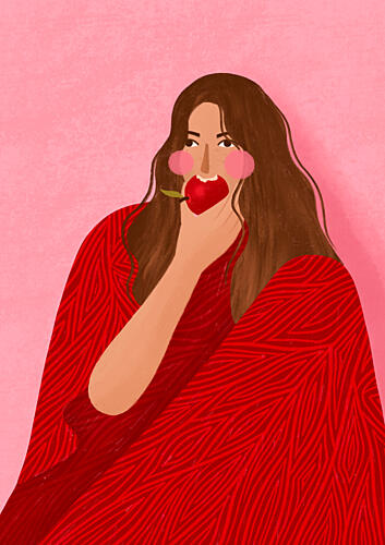Cozy Woman Apple Art Print by Lor Muller