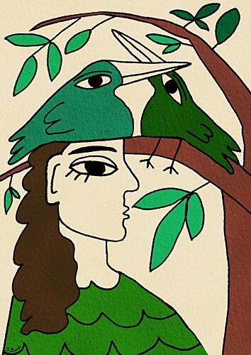 Woman with Green Birds Nature reproduction