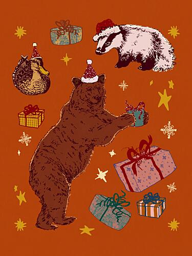 Holiday Animals Giving Gifts Art Print by Katariina Kosunen